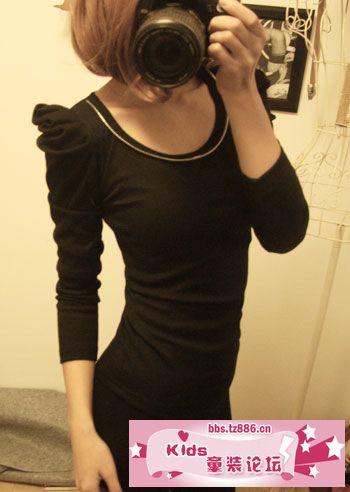 3807 韩版泡泡袖修身圆领个性长款打底衫T恤 黑色.jpg